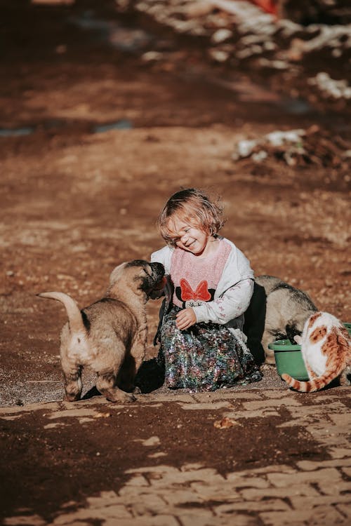 A Little Girl Sitting Outside and Playing with Animals 