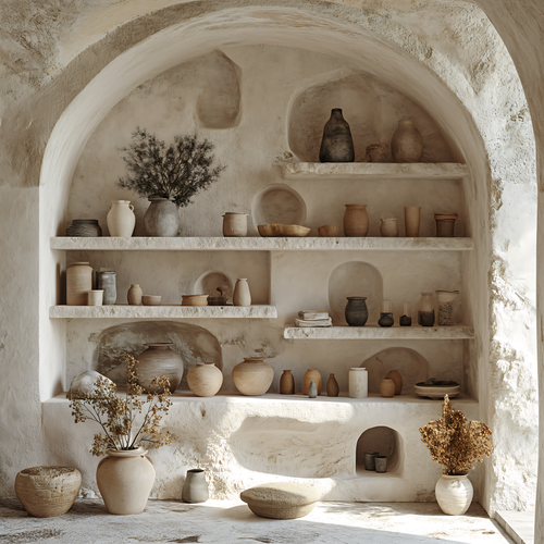 Hand-thrown pottery arranged on stone shelves — photo by Raman Yv on Pexels