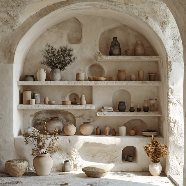 Hand-thrown pots and jugs arranged on whitewashed plaster shelves — photo by Raman Yv on Pexels