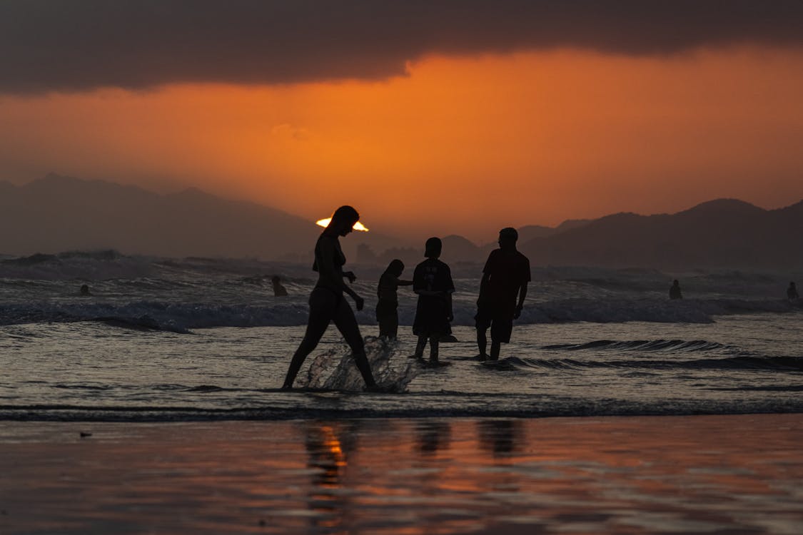 Silhouettes of People on a Beach and in the Water at Sunset