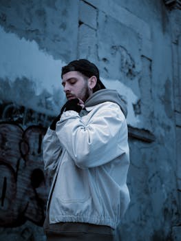 Stylish urban portrait of a man against graffiti wall, evoking a moody, cool atmosphere.