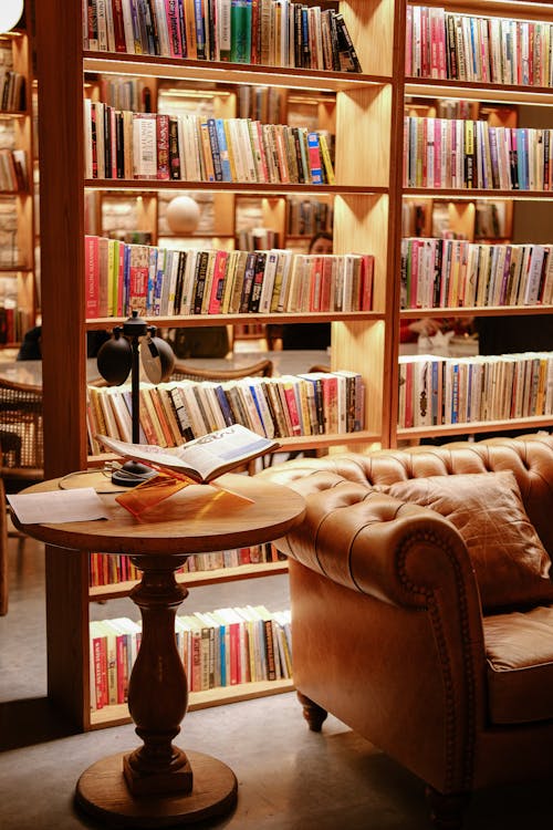 A Round Table next to a Sofa Standing by a Bookcase in a Library 