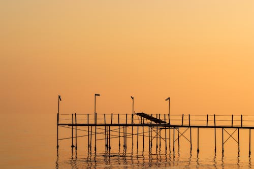 Silhouetted Pier on a Calm Body of Water at Sunset