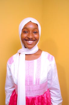 Portrait of a smiling Muslim woman wearing a hijab and traditional attire against a yellow background.