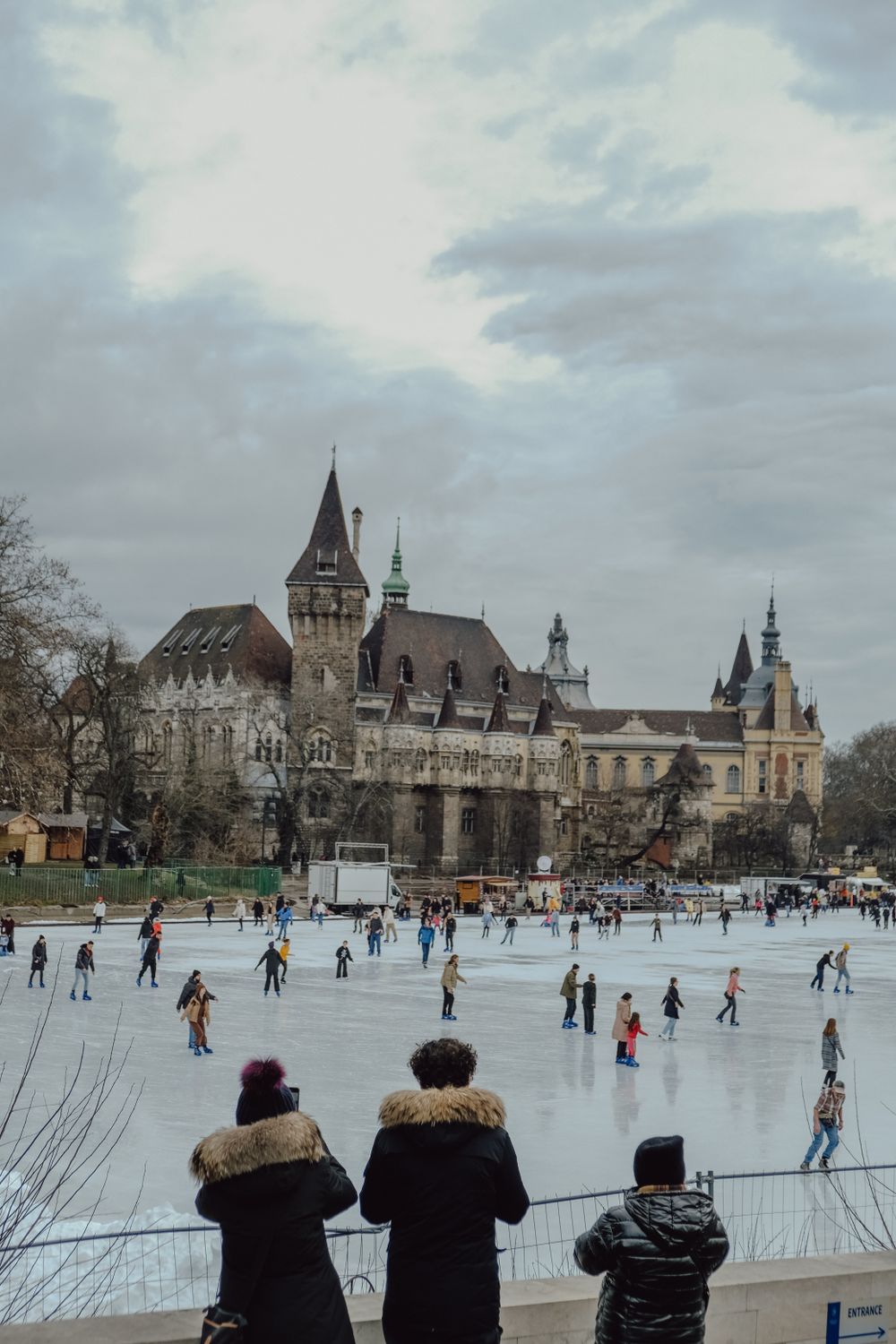 Castle Ice Rink People Ice Skating on an Ice Rink near the Vajdahunyad Castle in ...