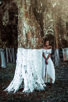 一名身穿白色连衣裙的女子在宁静的森林中优雅地倚靠着一棵彩绘树摆姿势