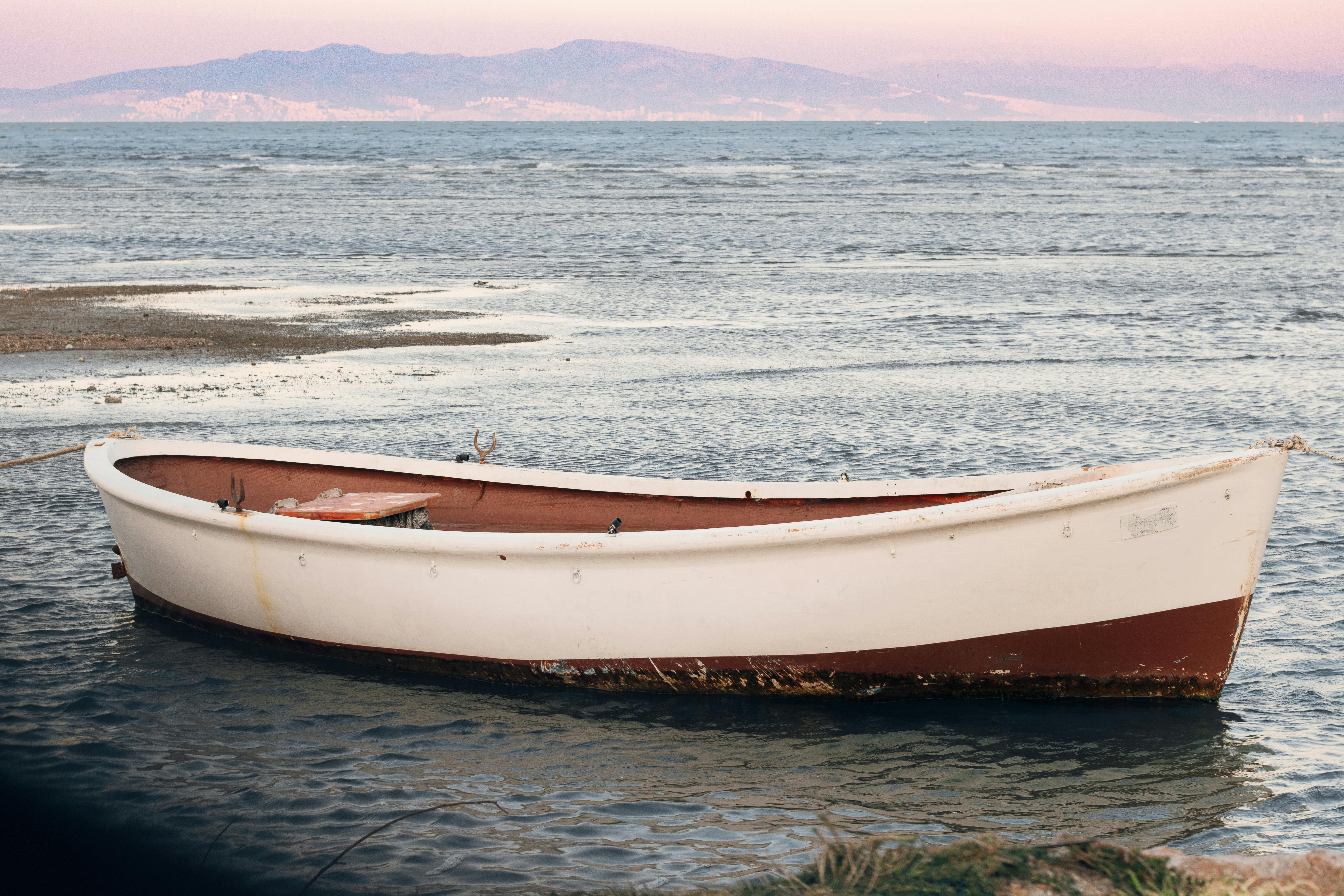 a boat is sitting on the water near the shore