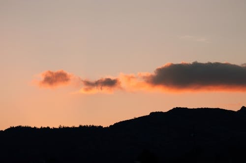 A sunset over a mountain with clouds in the sky