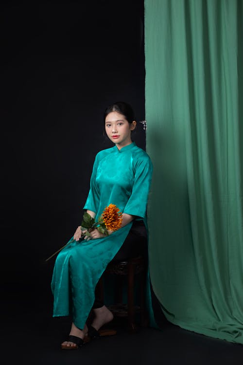 Woman Wearing Turquoise Kimono 