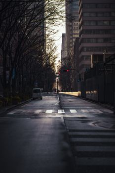A serene and atmospheric view of a quiet Tokyo street during sunset, featuring skyscrapers and a traffic light.