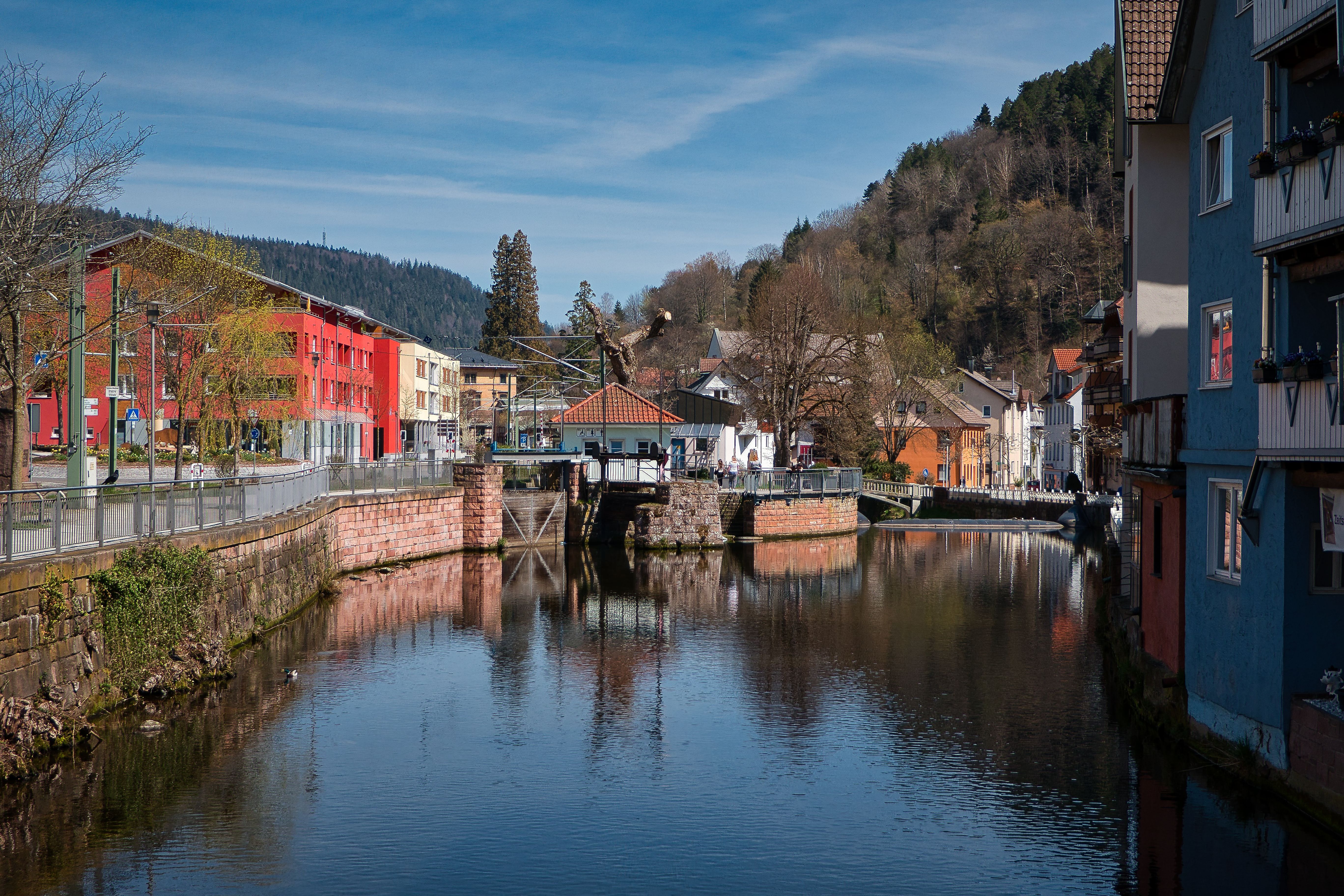 Beautiful spring view of the canal and townscape in Bad Wildbad, Germany.