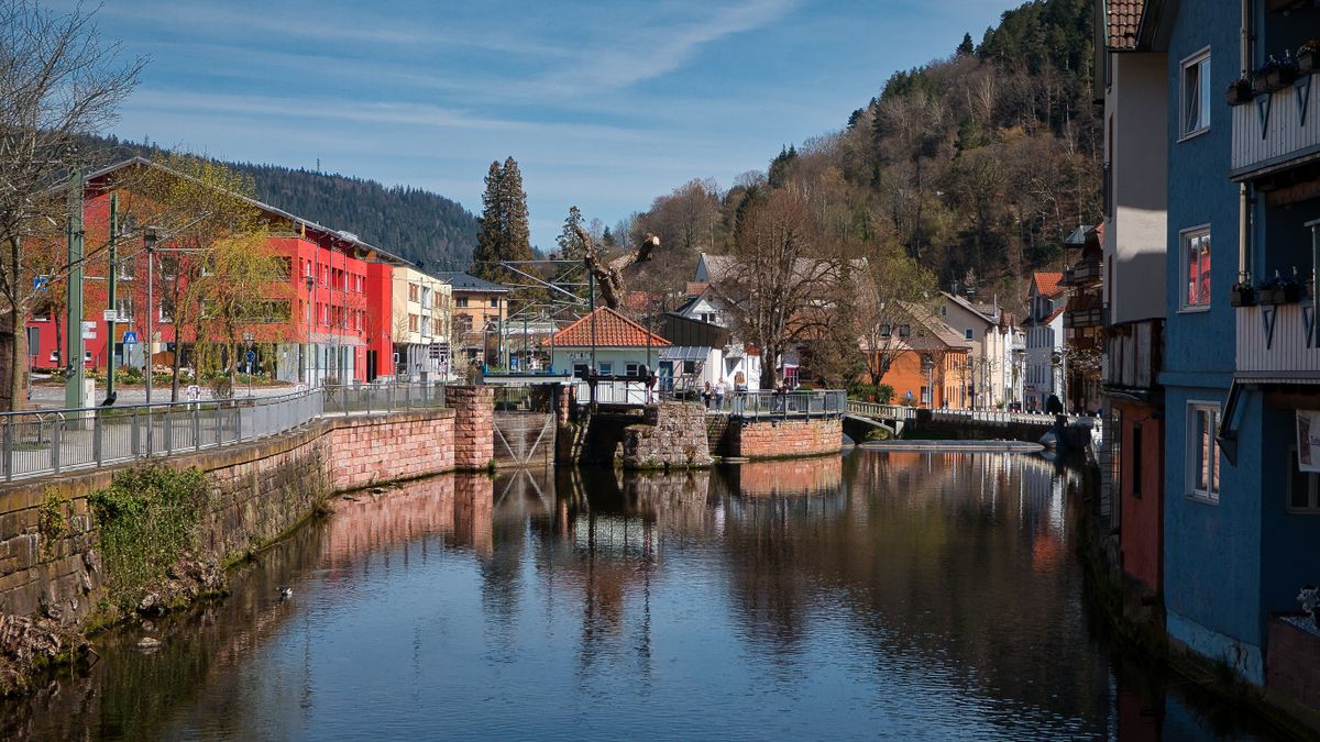Beautiful spring view of the canal and townscape in Bad Wildbad, Germany.