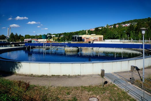 Sewage treatment plant with clear blue sky in Pforzheim, Germany.