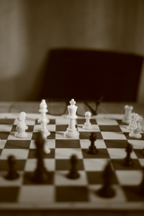 Free Sepia-toned chess pieces on a board depicting a strategic game setting. Stock Photo