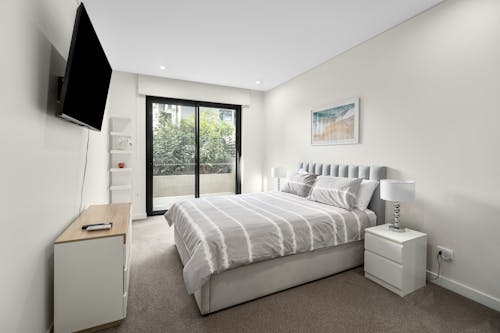 Free Interior of a Modern, Minimalist Bedroom  Stock Photo