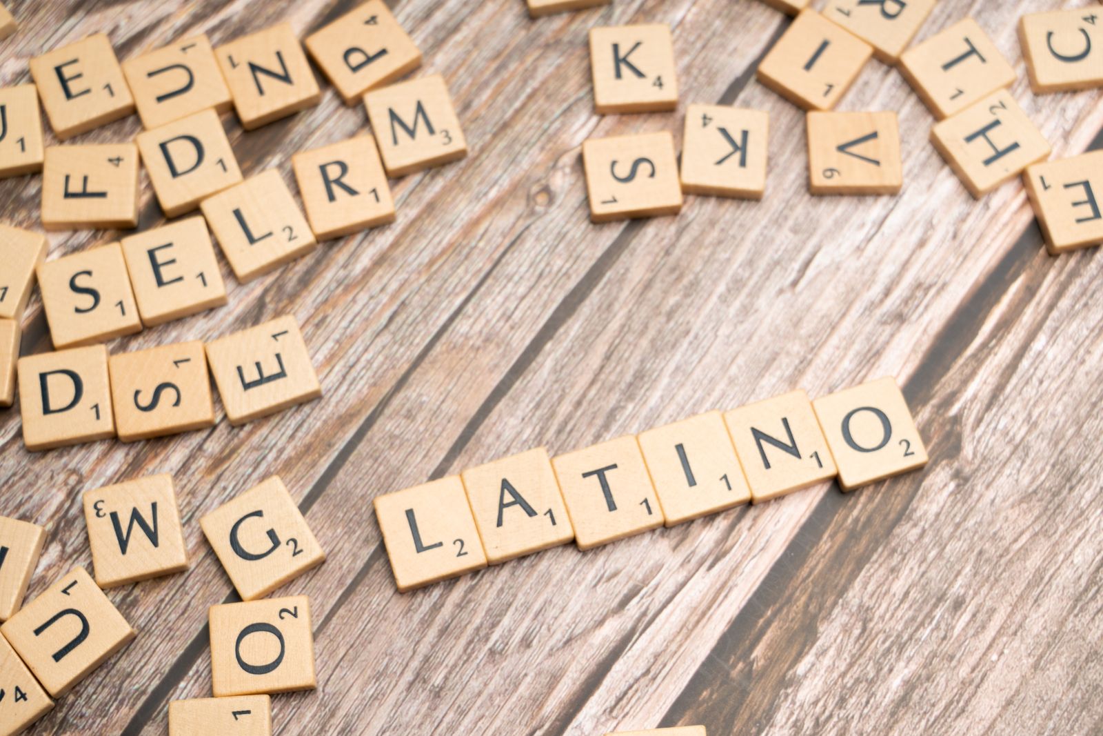 The word Latino spelled with Scrabble letters