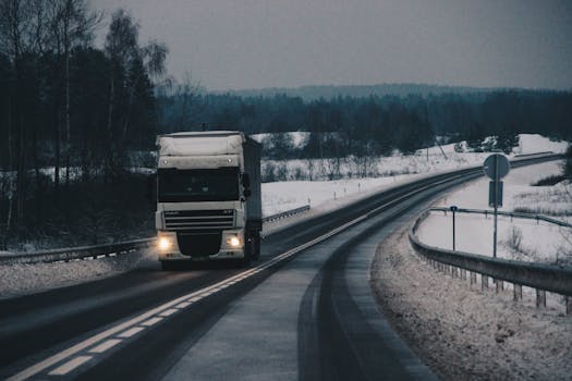 A cargo truck travels on a snowy countryside road during winter, showcasing rural transportation.