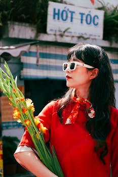 Fashionable Asian woman in sunglasses holding vibrant flowers, standing outdoors.