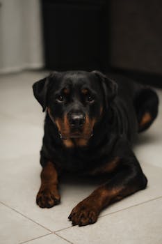 Rottweiler dog lying down indoors, showcasing its calm and attentive demeanor on a tile floor.