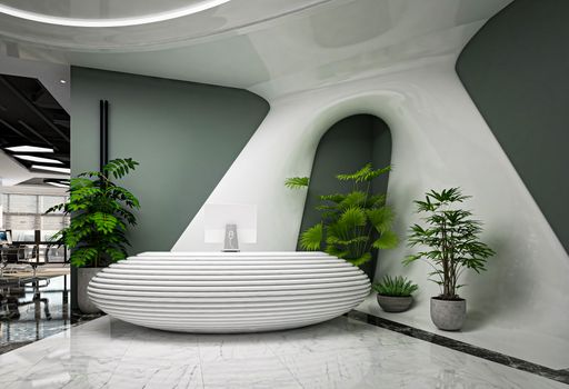 Stylish reception desk in a contemporary office with indoor plants and elegant design.