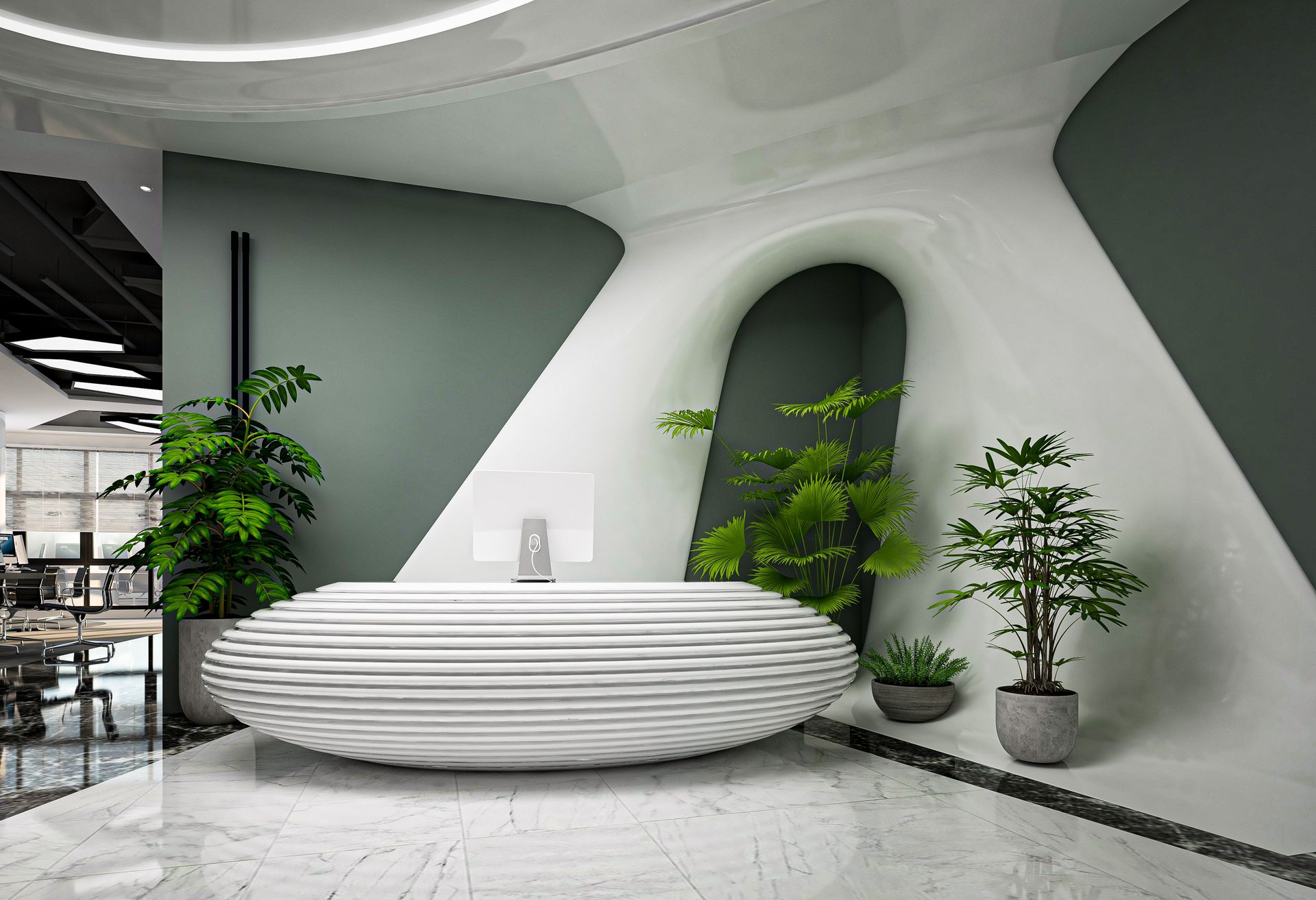 Stylish reception desk in a contemporary office with indoor plants and elegant design.