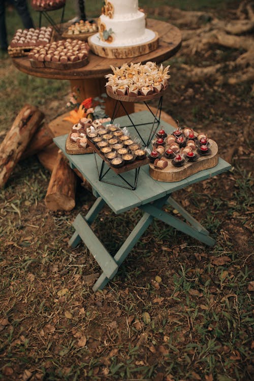 Sweets on Low Wooden Table in Yard