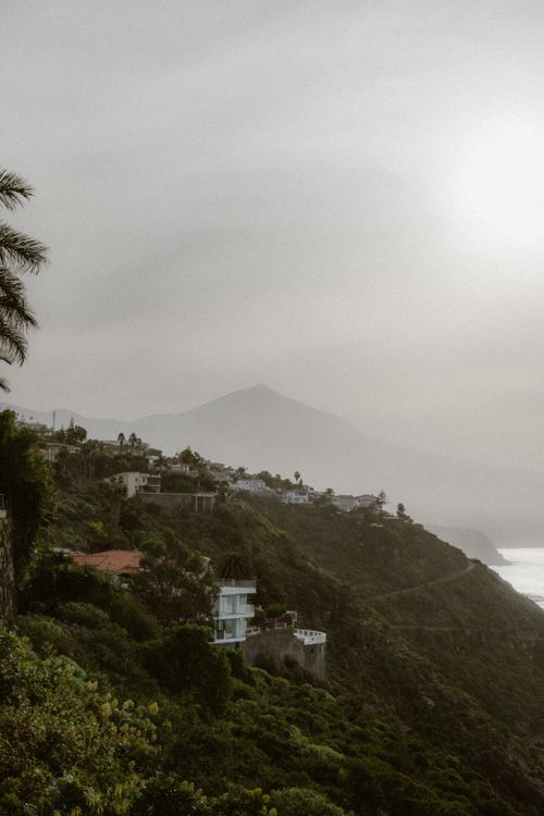 Free A serene view of houses nestled on a lush hillside overlooking the sea on a misty day. Stock Photo