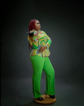 A confident woman poses in colorful fashion with red hair, green trousers against a gray background.