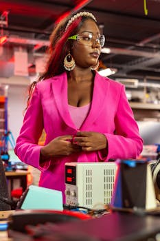 African American female engineer in a vibrant workspace wearing protective goggles.