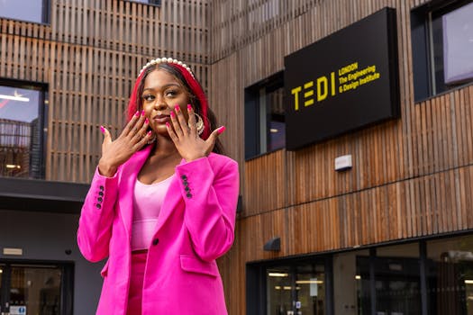 Stylish young woman in pink suit poses confidently at TEDI London. Urban fashion photography highlighting elegance.