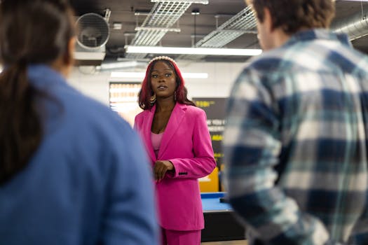 Young businesswoman in pink suit leads a meeting, showcasing leadership and interaction in a modern office.