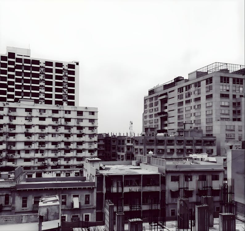 Blocks of Flats and Construction in City in Black and White