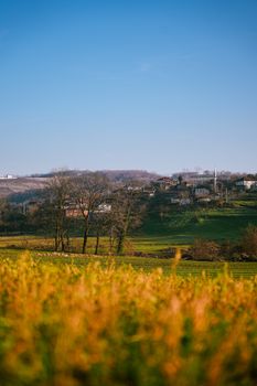 Idyllic rural village scene with colorful autumn foliage under clear blue sky.
