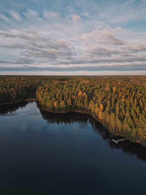 Free Discover the serene beauty of Nuuksio National Park with an aerial view of a tranquil lake and lush forest landscape. Stock Photo