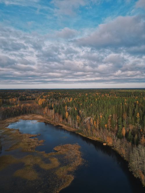 Free Stunning aerial view of Nuuksio National Park showcasing autumn colors and a serene lake. Stock Photo