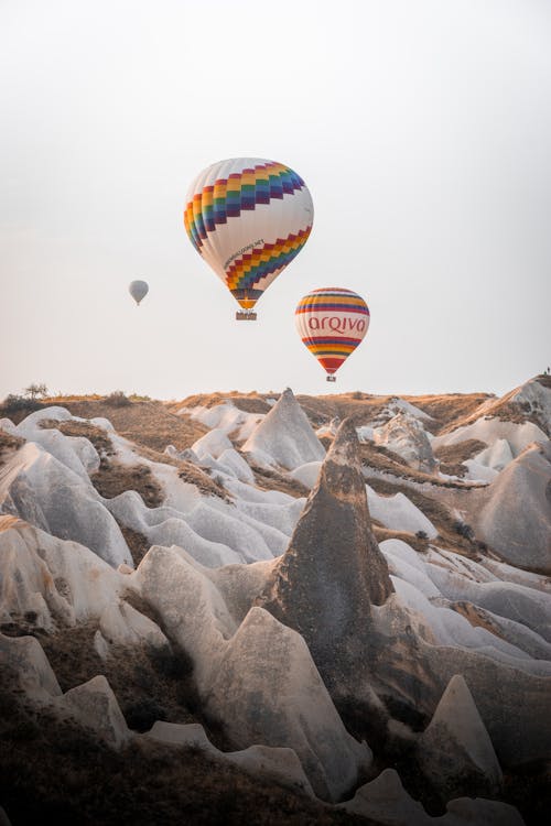 Balloons Flying over Scenic Rock Formations in Cappadocia