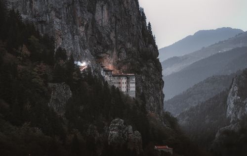 Free Aerial view of the historic Sumela Monastery nestled in rugged mountains near Trabzon, Turkey. Stock Photo