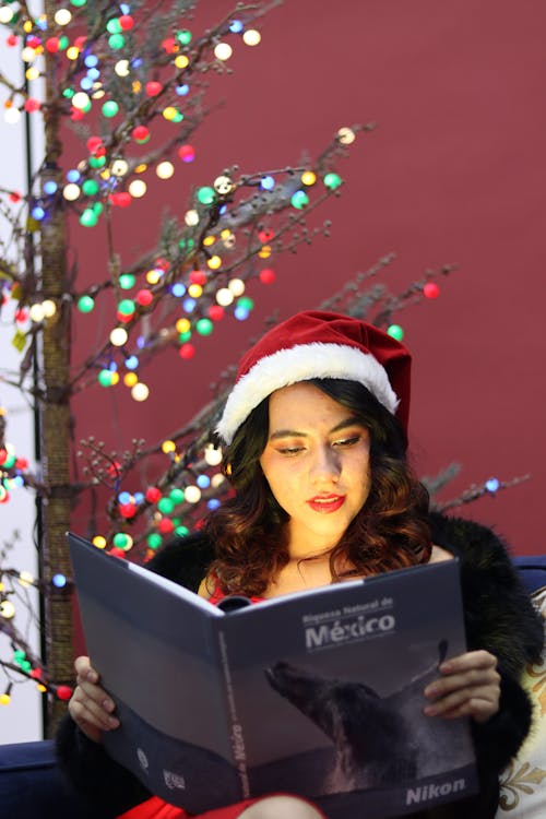 Woman Sitting near Christmas Tree and Reading Book