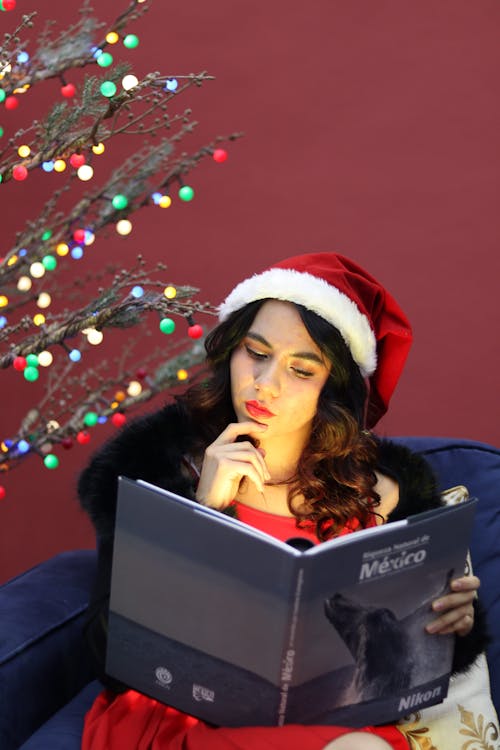 Brunette in Santa Hat Sitting on Sofa with Book