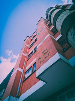 A low angle shot of a tall building in Bucaramanga, Colombia with a clear sky.