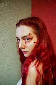 这是一幅在工作室环境中拍摄的引人注目的肖像，画面中的年轻女子红发、妆容艺术