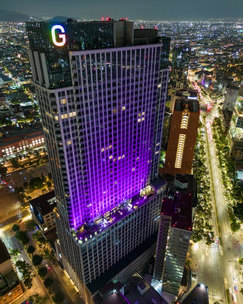 Purple Light on Skyscraper in Mexico City at Night