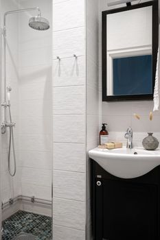 A sleek bathroom interior with a modern shower and elegant sink setup, perfect for contemporary homes.