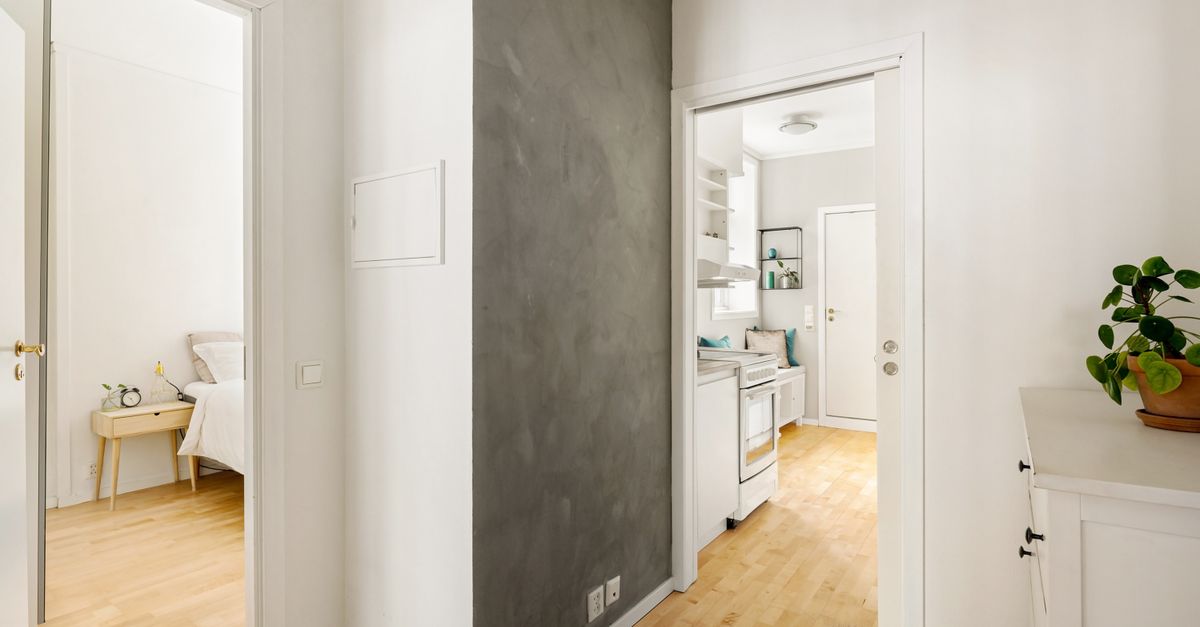 Spacious and bright modern apartment hallway featuring white walls and wooden floors.