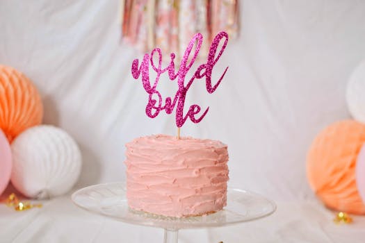 Pink birthday cake with 'Wild One' topper, perfect for birthday decorations and celebrations.