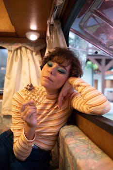Woman with vibrant eyeshadow holding a waffle in a cozy camper setting. Casual and stylish vibe.