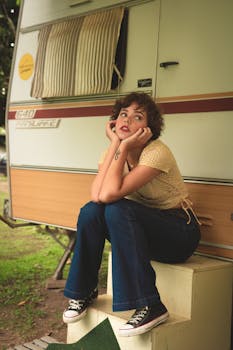 Young woman sitting thoughtfully by a campervan, embodying a relaxed summer vibe.