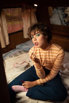 在舒适的复古风格房间里，年轻女子坐在床上化妆