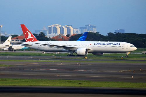 Free A Turkish Airlines plane on a runway with a city skyline in the background. Stock Photo