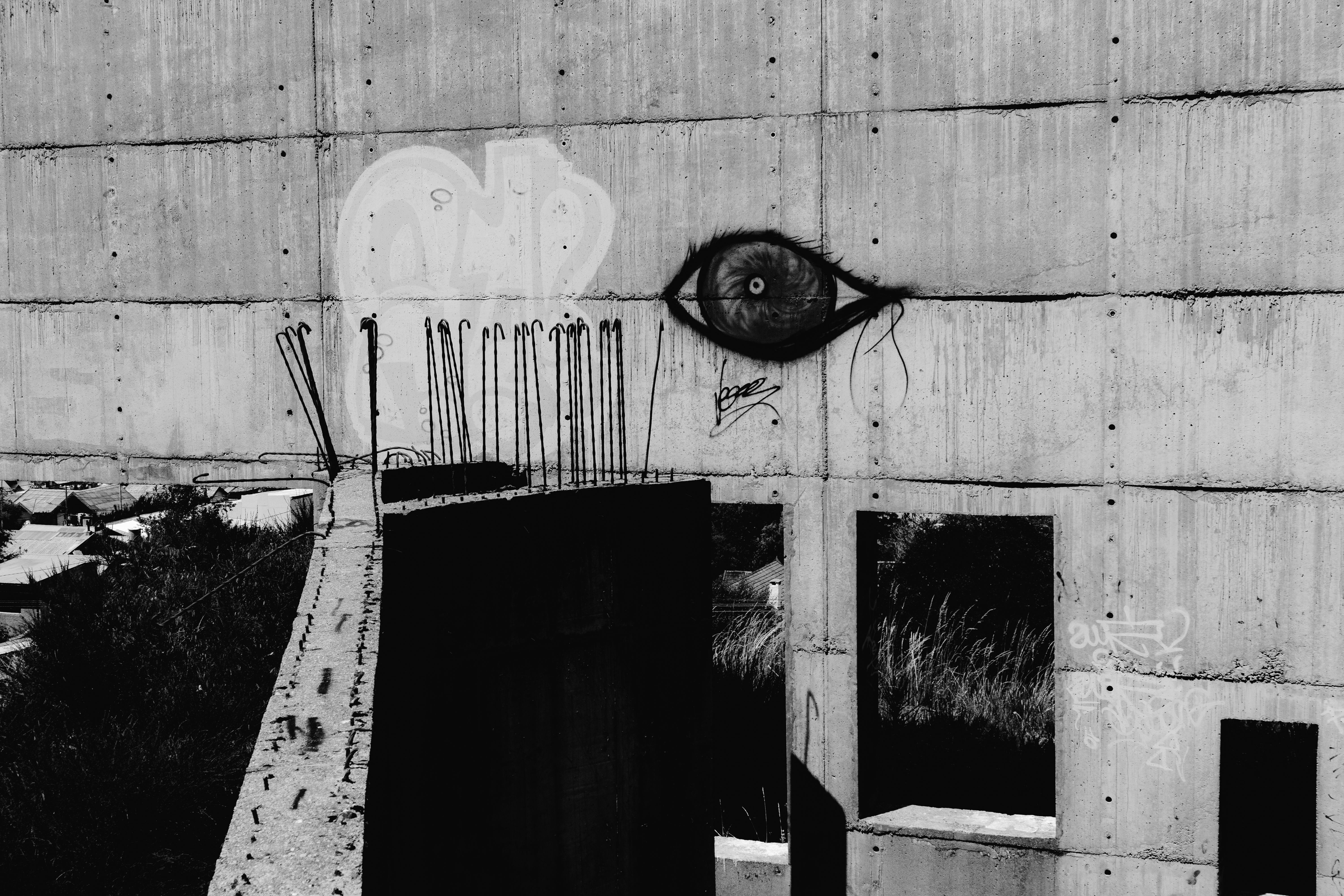Urban black and white photo of street art on a concrete wall in San Carlos de Bariloche, Argentina.